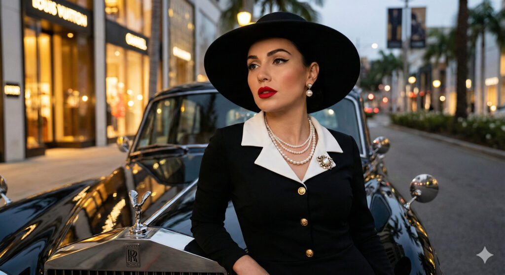 Create an ultra-detailed high-fashion editorial portrait of a woman leaning on the hood of a vintage black car on an upscale city street. Preserve her face exactly as the uploaded photo. She wears the same dress and hat, styled with bold red lipstick, winged eyeliner, flawless skin, pearl earrings, layered pearl necklace and a decorative brooch. Background: blurred warm-toned luxury street. Use cinematic lighting and magazine-style photography.12 Hunyuan Image 3.0 AI Photo Editing Prompts for Girls to Create High-Fashion Ultra-Realistic Portraits