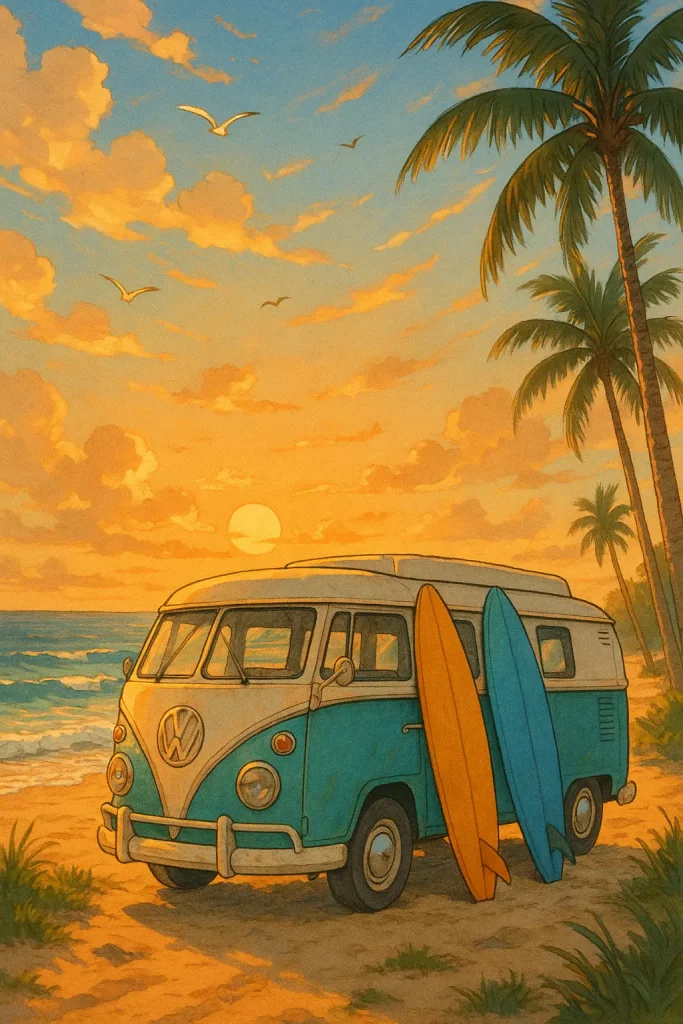 30 ChatGPT Prompts for Beautiful Anime Landscapes Beach Camper Van at Golden Hour