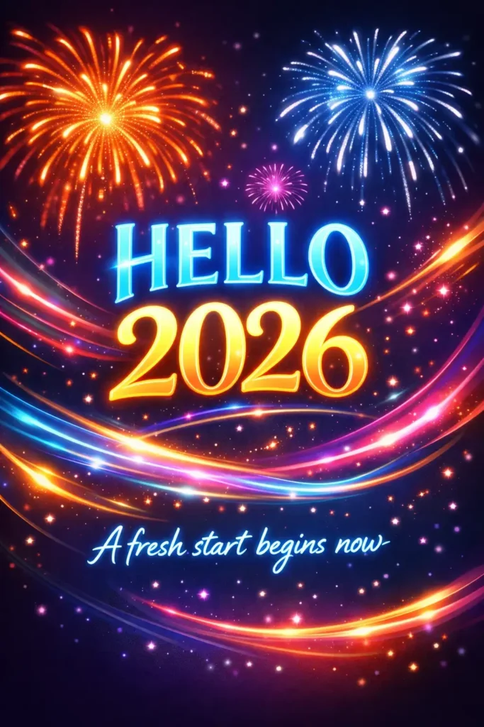 15 ChatGPT Prompts for New Year Cards Create a digital New Year card that visually feels animated, using a dark gradient background transitioning from deep purple to midnight blue. Add glowing light trails, motion-blur style fireworks, and luminous typography displaying “HELLO 2026”. Beneath it, include glowing text that reads “A fresh start begins now”. The design should suggest motion while remaining a static image. Use aspect ratio 3:4.