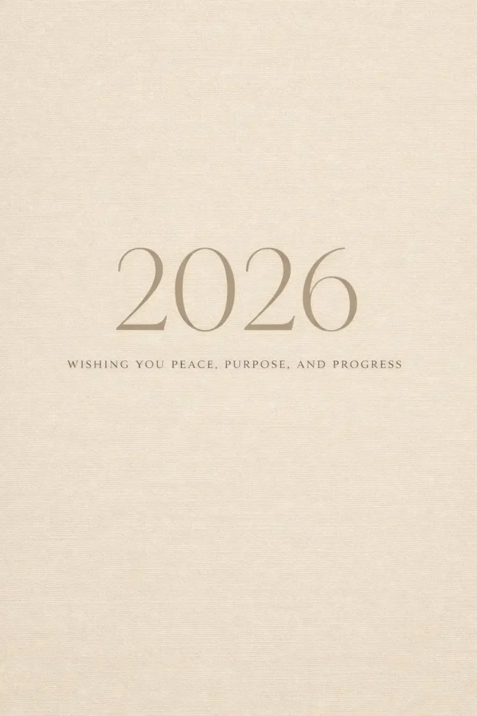 15 ChatGPT Prompts for New Year Cards Create a minimalist New Year card with a warm beige background and subtle linen texture. Use thin elegant serif typography to display “2026” at the center. Below it, add small spaced text reading “Wishing you peace, purpose, and progress”. Keep the palette neutral and soothing with no bright accents. Use aspect ratio 3:4.