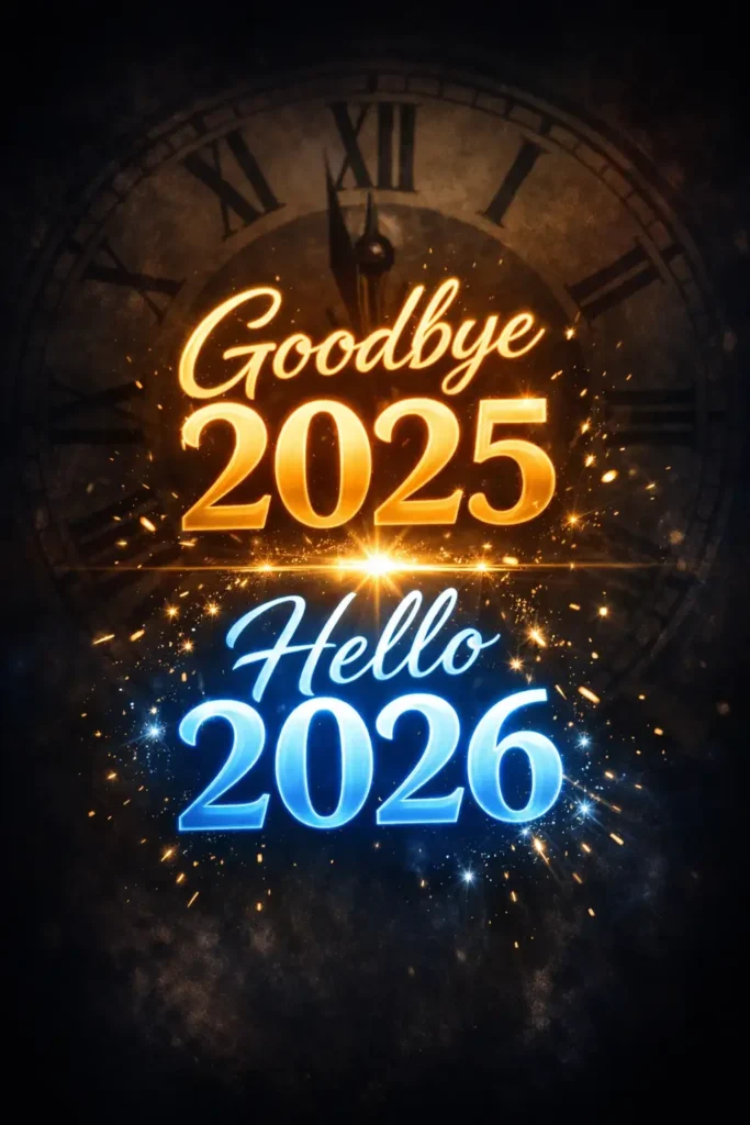 15 ChatGPT Prompts for New Year Cards Create a countdown-themed New Year card with a dark background featuring a large faded clock face subtly blended into the backdrop. Highlight bold glowing typography in the center displaying “Goodbye 2025” above “Hello 2026”. Add soft light flares and subtle spark effects to represent the moment of transition. Use aspect ratio 3:4.