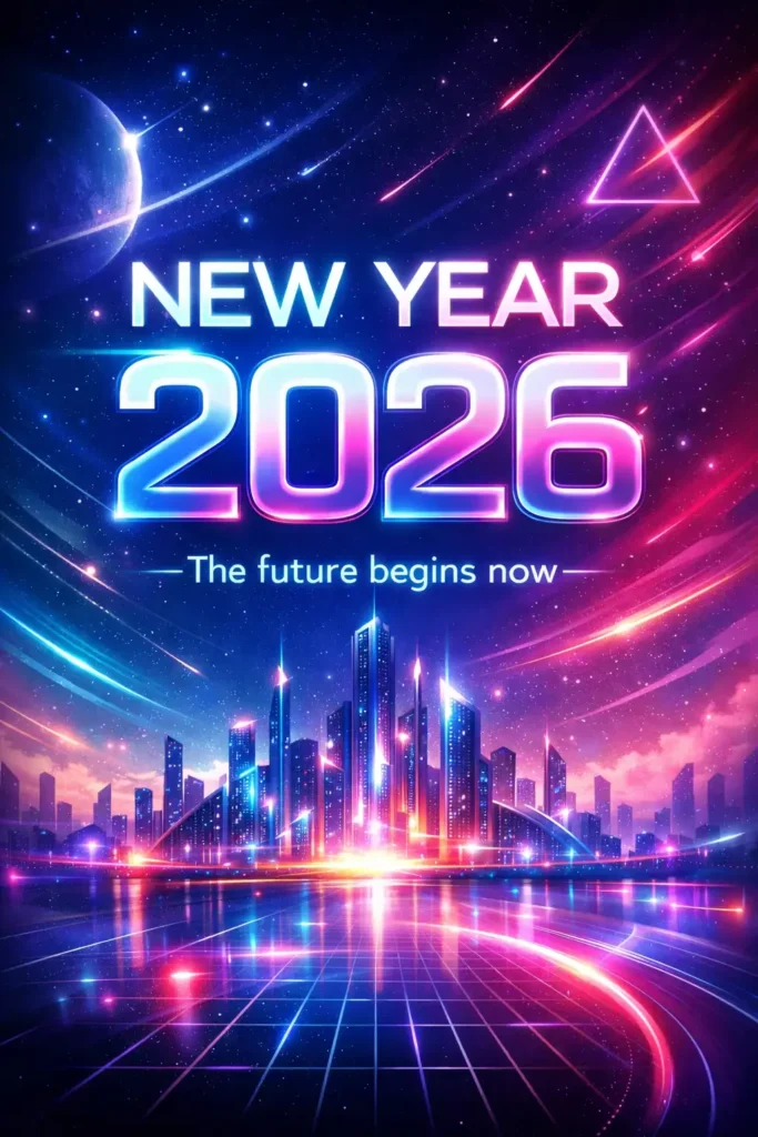 15 ChatGPT Prompts for New Year Cards Create a futuristic New Year card with an abstract digital background featuring neon gradients, glowing geometric shapes, and a subtle sci-fi cityscape. Use modern typography with light glow effects to display “NEW YEAR 2026”. Below it, include the line “The future begins now”. The overall look should feel bold, imaginative, and forward-looking. Use aspect ratio 3:4.