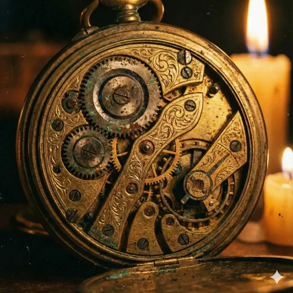 Create a mechanical close up of the internal gears of an antique brass pocket watch. Focus on the rust, patina, and engraved details of the cogs. The lighting should be moody and warm, resembling candlelight, to emphasize the metallic textures and history of the object. Aspect Ratio 1:1.