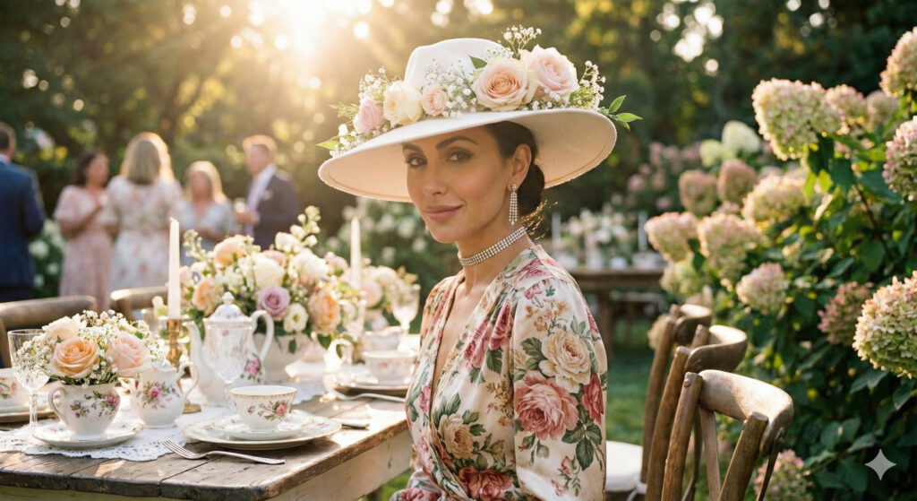 Create a romantic editorial portrait of a woman seated at a garden party surrounded by flowers and warm sunlight. Preserve her face exactly. She wears a vintage floral dress, pearl earrings and a flower-adorned hat. Use soft, warm, dreamy lighting with a timeless fashion atmosphere.