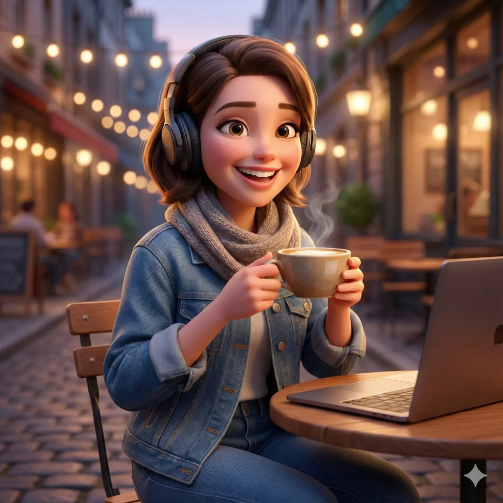 How to Create Beautiful 3D Cartoons Using Gemini Nano Banana Create a realistic 3D cartoon illustration of a young woman wearing a denim jacket and headphones, smiling while holding a coffee cup. The style should look vibrant, smooth, and detailed with expressive features and lifelike lighting. The environment should be a cozy street café with blurred lights in the background. Use soft cinematic light, balanced shadows, and a shallow depth of field to add realism. Camera angle: close-up. The scene should include a small wooden table and a laptop beside her. Add fine surface textures like fabric details on the jacket, gentle skin texture, and warm light reflections on the coffee cup. Overall tone: relaxed and cheerful.