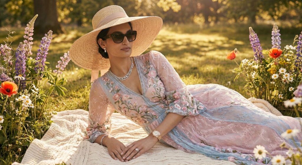 Create a dreamy fashion portrait of a woman lying on a blanket in a sunlit park surrounded by wildflowers. Keep her face unchanged. She wears a pastel flowy lace dress and a wide-brimmed hat. Use warm natural light, soft shadows and high-fashion editorial styling with a romantic mood.