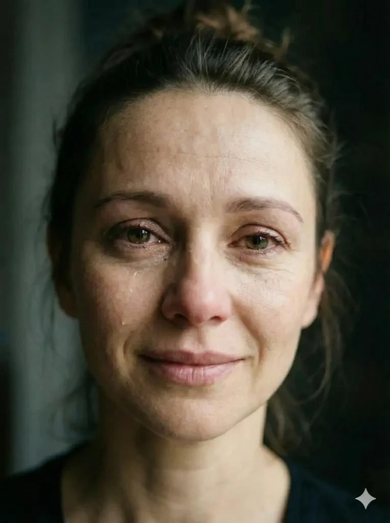 Create a soulful photo of a woman with tears forming in her eyes but a faint hopeful smile on her lips, soft diffused light, natural makeup, realistic skin imperfections, dark blurred background, emotional contrast between sadness and hope, intimate portrait photography. Use aspect ratio 3:4.