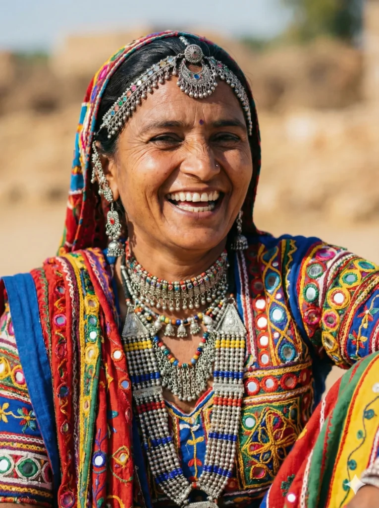 Create a vibrant and emotive portrait of a woman adorned in traditional intricate jewelry and colorful textiles, laughing with pure, unbridled joy. The lighting should be natural and bright, capturing the crinkles around her eyes and the genuine warmth of her smile. The background should be a blur of earth tones to contrast with the vivid colors of her attire. Capture this in high resolution, ensuring every bead and fabric texture is visible and tactile. Use aspect ratio 3:4.