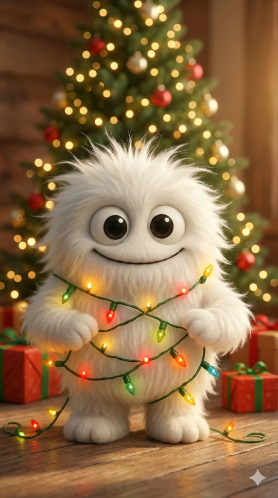 19 Gemini Nano Banana Pro Prompts for Christmas Cute white fluffy yeti monster tangled in colorful christmas lights, soft fuzzy fur texture, big round eyes with happy smile, standing in front of decorated christmas tree with bokeh lights, red gift boxes in background, warm cozy indoor lighting, needle felted plush toy aesthetic, adorable creature design, festive holiday scene Use aspect ratio 9:16