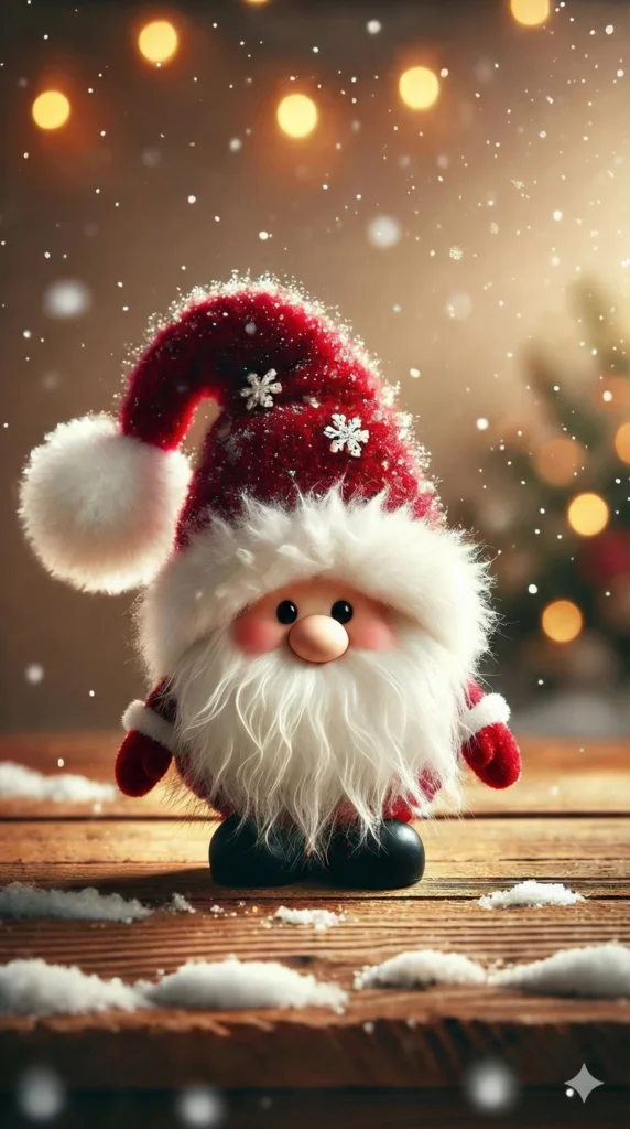 19 Gemini Nano Banana Pro Prompts for Christmas Adorable tiny christmas gnome figurine standing on wooden table, tall floppy red velvet santa hat with white fur trim and snowflake decorations covered in frost, big fluffy white beard covering face, small round pink nose, rosy cheeks, tiny black button eyes peeking out, black boots, red mittens, snow scattered on wooden surface, warm golden bokeh lights background, blurred christmas tree, falling snow particles, cozy festive atmosphere, 3D render style, kawaii miniature character, soft warm lighting, Use aspect ratio 9:16