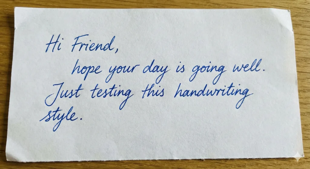 10 Use Cases of Gemini Nano Banana Pro You Should Know Create a close and clean image of a handwritten note in blue ink on a white sheet. The handwriting should feel natural. The note should contain the text: ‘Hi Friend, hope your day is going well. Just testing this handwriting style.'