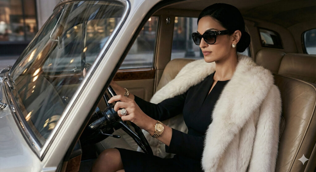 Create a cinematic high-fashion portrait of a woman sitting in the driver’s seat of a vintage car. Preserve her facial features exactly. She wears a tailored black dress, a white fur stole, pearl earrings and a jeweled ring. Background: soft reflections and elegant subtle lighting. Vintage glamour mood.