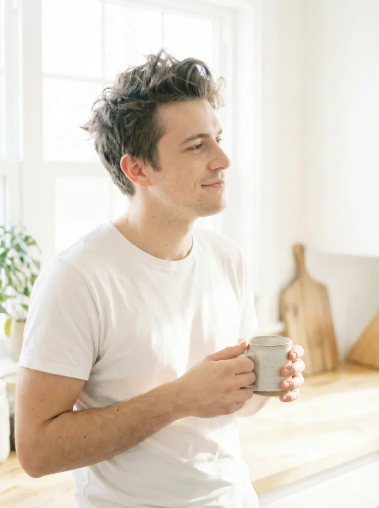 Create an intimate, “lifestyle” aesthetic portrait of a young man in a sunlit kitchen on a Sunday morning. He is wearing a white t-shirt, hair messy from sleep, holding a ceramic mug with both hands. He is looking out of a window (off-camera) with a soft, sleepy, and contented half-smile. The light should be high-key and overexposed slightly to create a dreamy, airy feel. Use aspect ratio 3:4.
