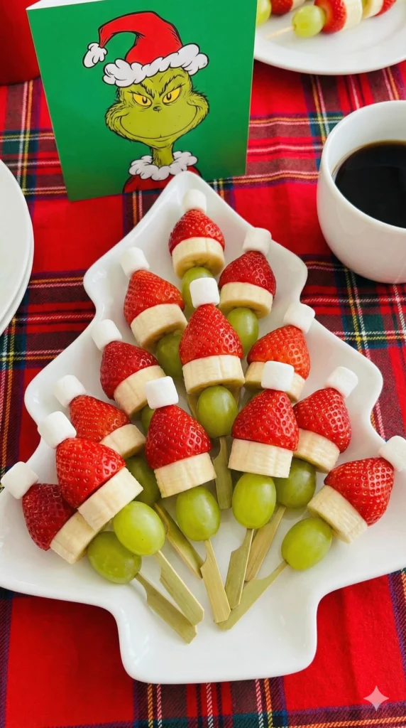 19 Gemini Nano Banana Pro Prompts for Christmas Christmas fruit kabobs arranged on white tree-shaped serving plate, each skewer has green grape as base then banana slice then mini marshmallow then strawberry on top to look like little santa hats, multiple kabobs filling entire plate, green cartoon character card standing in background, red plaid tablecloth, white coffee cup visible, festive holiday snack photography, bright cheerful colors, christmas party food presentation, Use aspect ratio 9:16