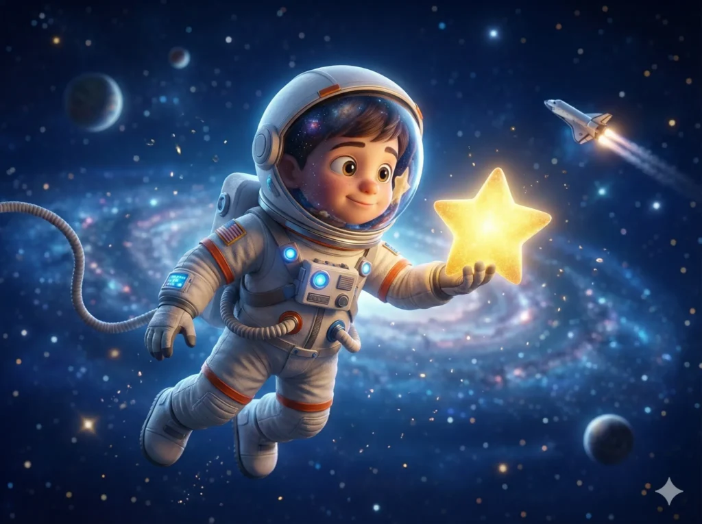 How to Create Beautiful 3D Cartoons Using Gemini Nano Banana Create a realistic 3D cartoon illustration of a young astronaut floating in space while holding a glowing star. The style should look vibrant, smooth, and detailed with expressive characters and lifelike lighting. The environment should be a deep blue galaxy filled with stars and distant planets. Use soft cinematic light, balanced shadows, and a shallow depth of field to add realism. Camera angle: low-angle shot showing the vastness of space behind the astronaut. The scene should include a tether cord and a small space shuttle in the distance. Add fine surface textures like reflections on the helmet glass, detailed fabric on the suit, and tiny light particles. Overall tone: dreamy and inspiring.