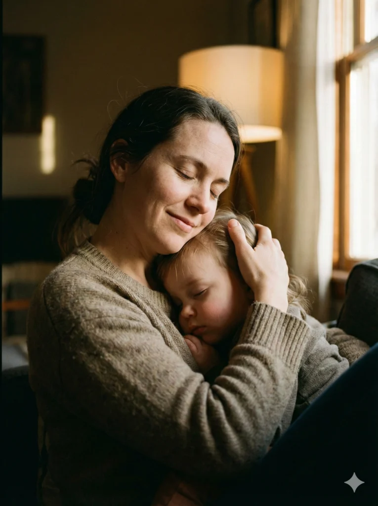 Create a soulful image of a mother holding her sleeping child close to her chest, tender expression filled with love and protection, warm indoor lighting, soft shadows, gentle skin textures, natural colors, peaceful atmosphere, emotional realism, focus on human connection, high detail photography. Use aspect ratio 3:4.