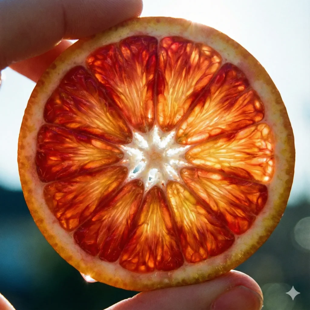 Create a refreshing close up of a slice of an orange held up against a bright light. Focus on the translucent juice sacs (vesicles) and the fibrous white pith. The light should shine through the fruit, making it glow with vibrant reds and oranges. Aspect Ratio 1:1.
