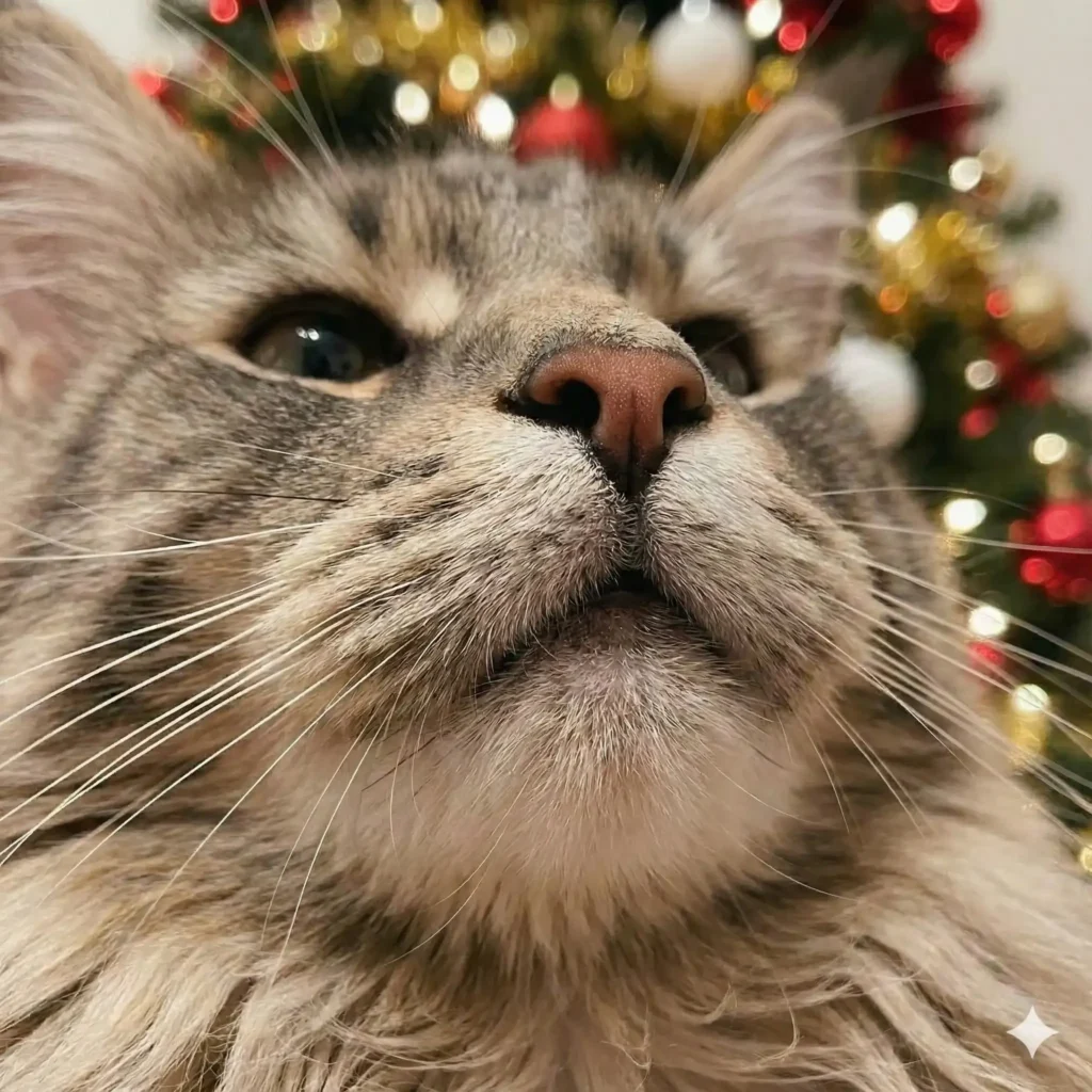 Create a cozy close up of a Maine Coon cat’s face, focusing sharply on its nose and long, white whiskers. The fur should look incredibly soft and tactile. The background should be a blurry, warm bokeh of twinkling holiday lights. The lighting should be soft and diffused to highlight the texture of the fur. Aspect Ratio 1:1