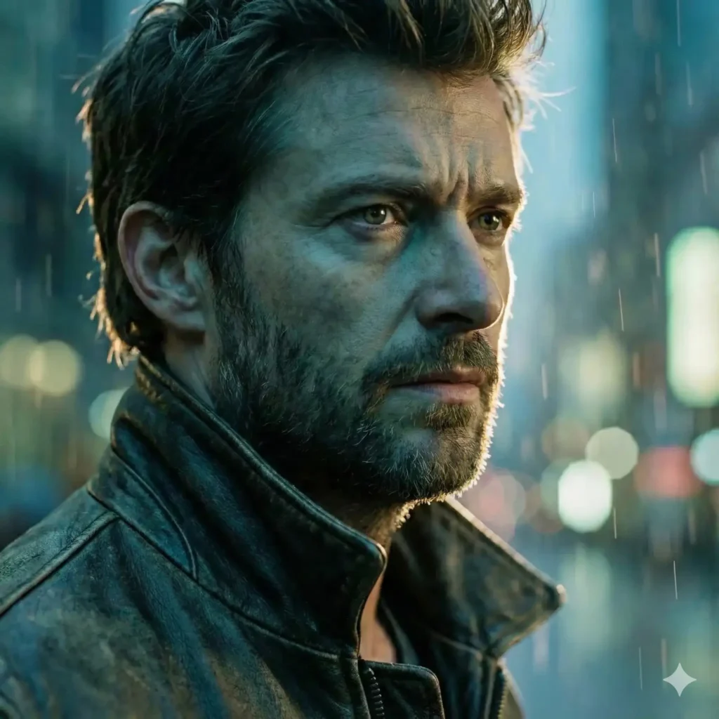 Create a close up cinematic portrait of a stylish man wearing a leather jacket, strong rim lighting outlining his jawline, and cool toned shadows for contrast. Include sharp focus on his eyes and soft bokeh behind him. Use aspect ratio 1:1.