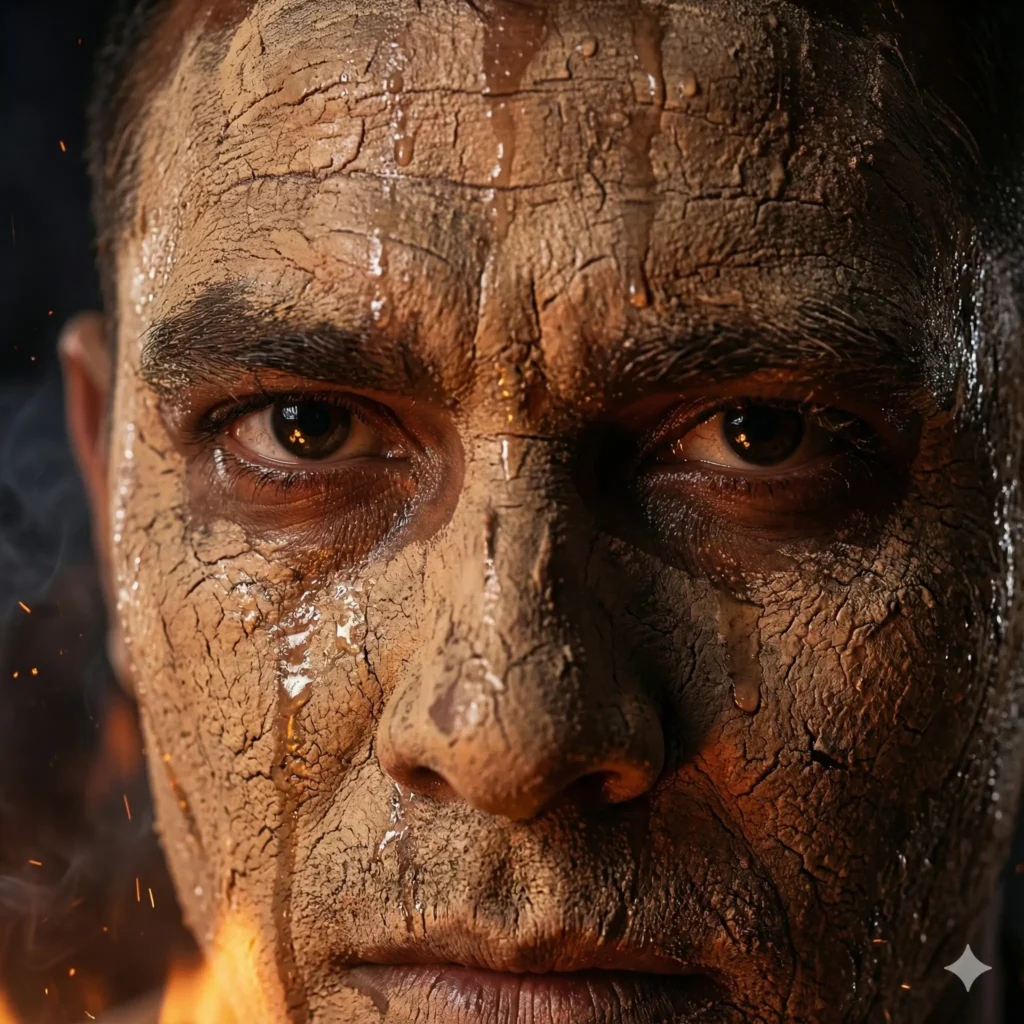 Create a gritty close up of a tribal warrior’s face featuring cracked clay face paint. Focus on the contrast between the dry, matte texture of the paint and the sweat on the skin. The eyes should be intense and focused. Use dramatic, flickering firelight to create deep shadows and warm highlights. Aspect Ratio 1:1.