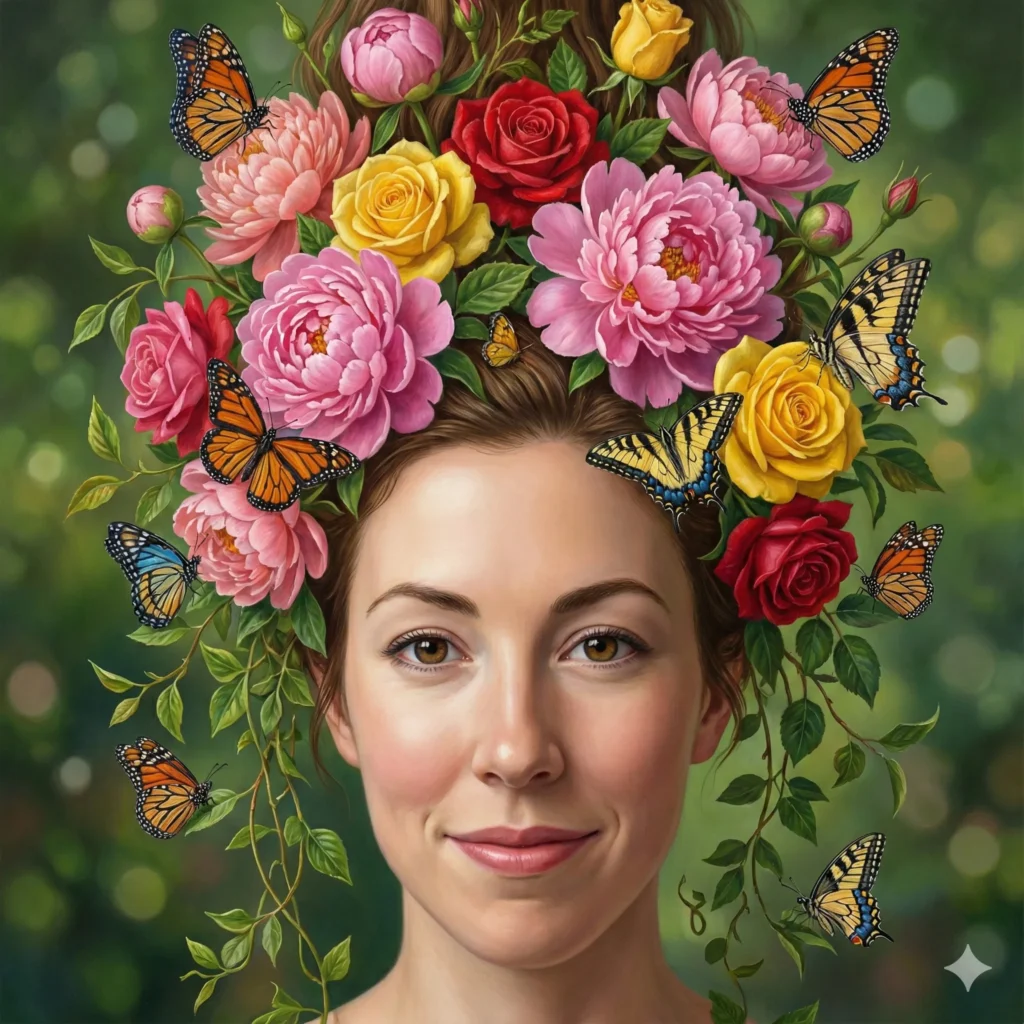 10 Gemini Nano Banana Pro Prompts for Fun Surreal Photos Create an artistic surreal portrait where their hair is transforming into a vibrant bouquet of blooming peonies, roses, and vines. Butterflies are resting on the flowers. The person has a serene expression. The background is a soft, blurred garden green. Fantasy art style, highly detailed textures. Aspect ratio 1:1.