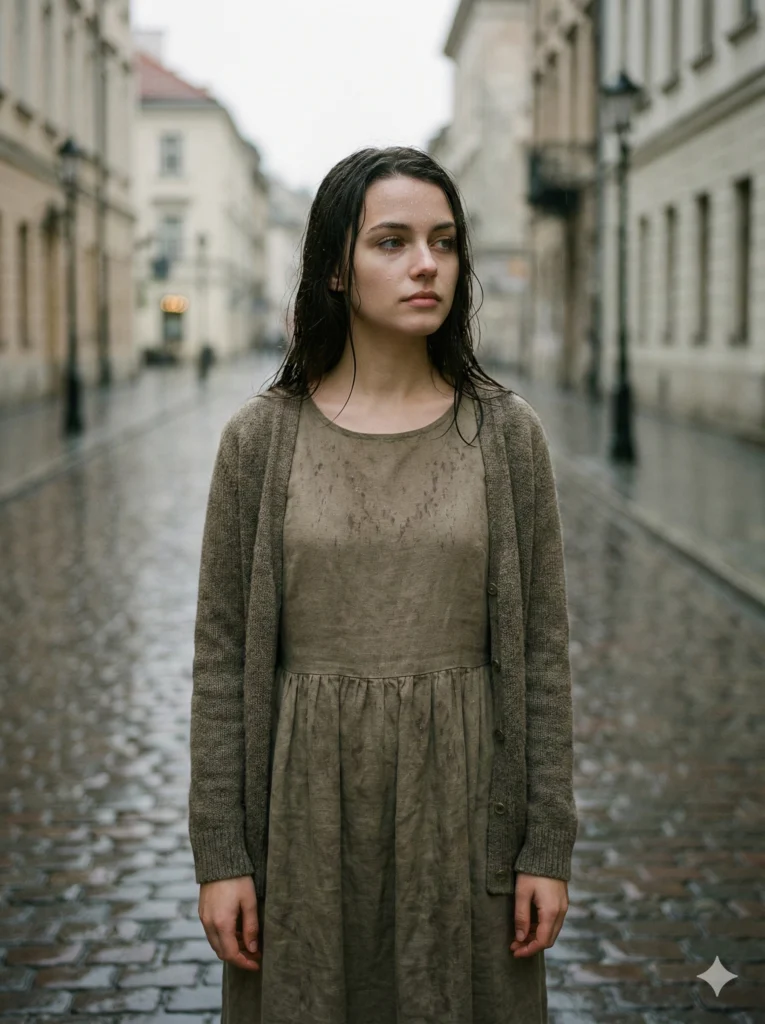 Create a soulful photo of a young woman standing alone in light rain, subtle raindrops visible on her hair and skin, thoughtful eyes looking slightly away from the camera, wearing a muted earthy-toned dress, soft overcast lighting, gentle reflections on wet ground, moody atmosphere, natural color grading, emotional storytelling, realistic portrait photography with fine details. Use aspect ratio 3:4.