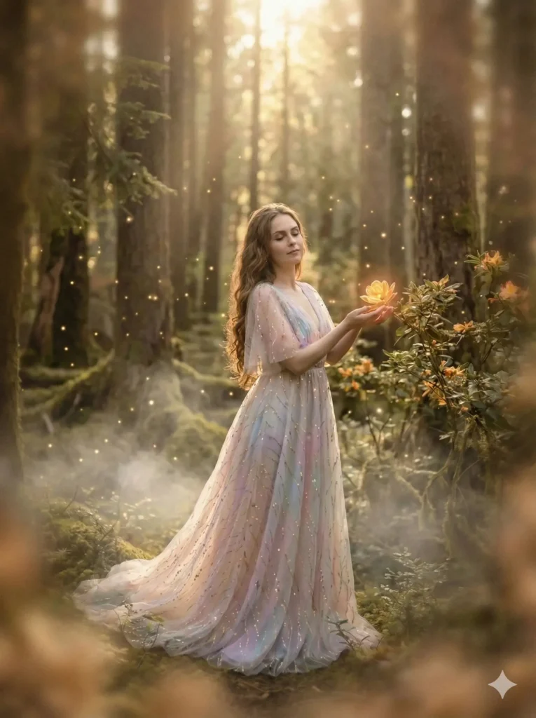 Create a magical portrait of a woman standing in a glowing forest. Soft morning light filters through tall trees. She wears a flowing pastel gown with subtle sparkles. Her posture is calm with one hand touching a glowing flower. Mist surrounds her feet and tiny lights float in the air. Use gentle warm tones and soft focus around the edges. Use aspect ratio 3:4.15 Gemini Nano Banana Pro Prompts for Fairy Tale Like Photos