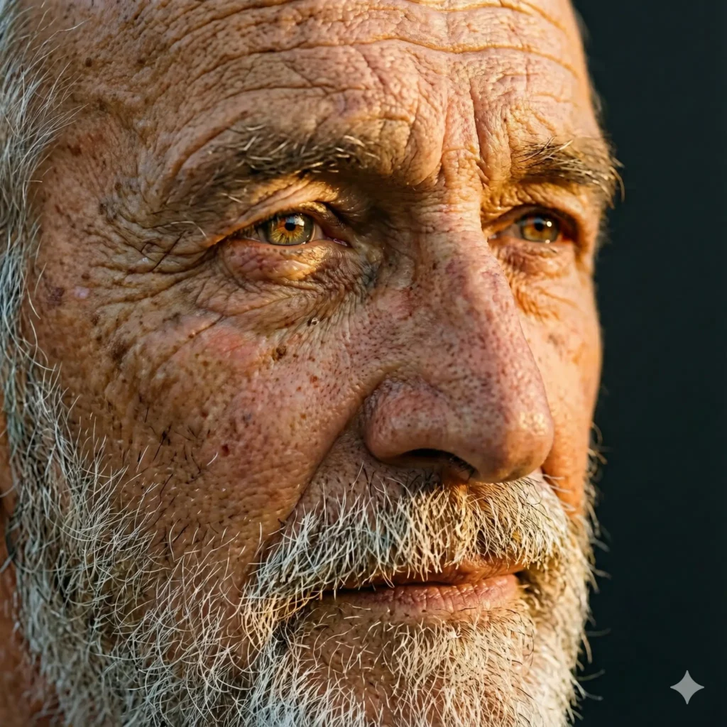 Create a close up shot of an elderly man with deep character lines, textured skin, silver beard, and thoughtful eyes. Highlight fine details like pores, wrinkles, and subtle warm highlights from a golden hour light source, with a smooth dark background. Use aspect ratio 1:1.