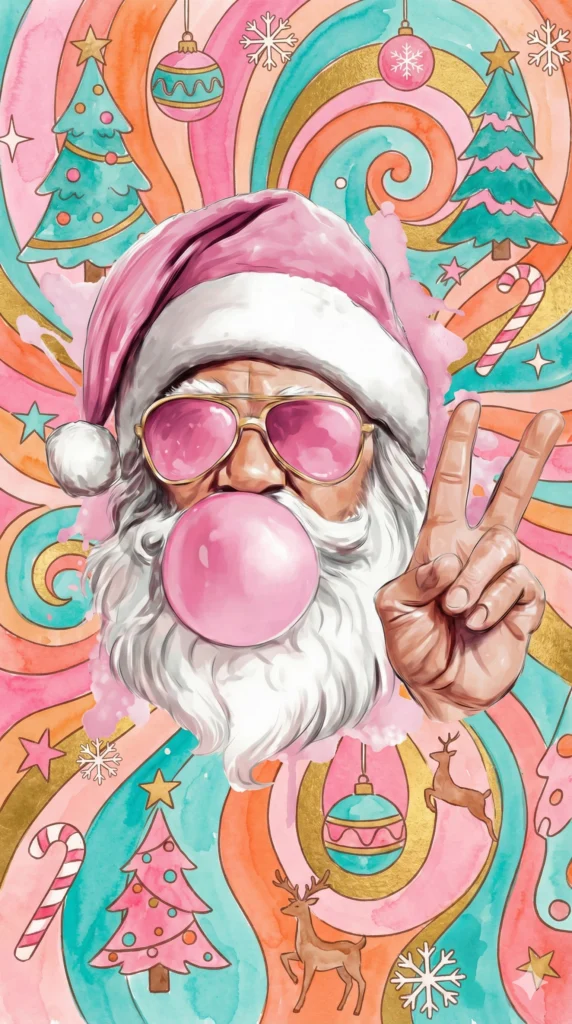19 Gemini Nano Banana Pro Prompts for Christmas Cool Santa Claus blowing pink bubblegum, wearing pink aviator sunglasses with gold frames, pink santa hat with white fur trim, white beard, making peace sign with hand, watercolor splash effect in pink behind head, transparent PNG background, illustration style, retro groovy christmas art. use background christmas styke and Use aspect ratio 9:16