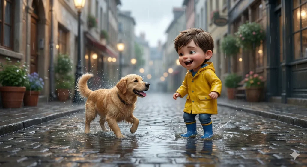 How to Create Beautiful 3D Cartoons Using Gemini Nano Banana Create a realistic 3D cartoon illustration of a boy and his dog playing under the rain. The style should look vibrant, smooth, and detailed with expressive characters and lifelike lighting. The environment should be a small street with puddles and gentle rain falling. Use soft cinematic light, balanced shadows, and a shallow depth of field to add realism. Camera angle: wide shot. The scene should include reflections on wet ground and raindrops midair. Add fine surface textures like water ripples, fabric folds, and wet hair details. Overall tone: joyful and refreshing.