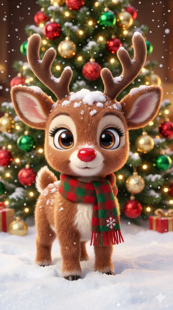 19 Gemini Nano Banana Pro Prompts for Christmas Cute baby reindeer with big sparkling eyes and long eyelashes, brown fluffy fur with snow on head, soft velvet antlers, bright red shiny nose, wearing red and green plaid christmas scarf with snowflake pattern, standing in snow, decorated christmas tree with red green and gold ornaments in background, falling snow, 3D Pixar style render, adorable kawaii aesthetic, Use aspect ratio 9:16