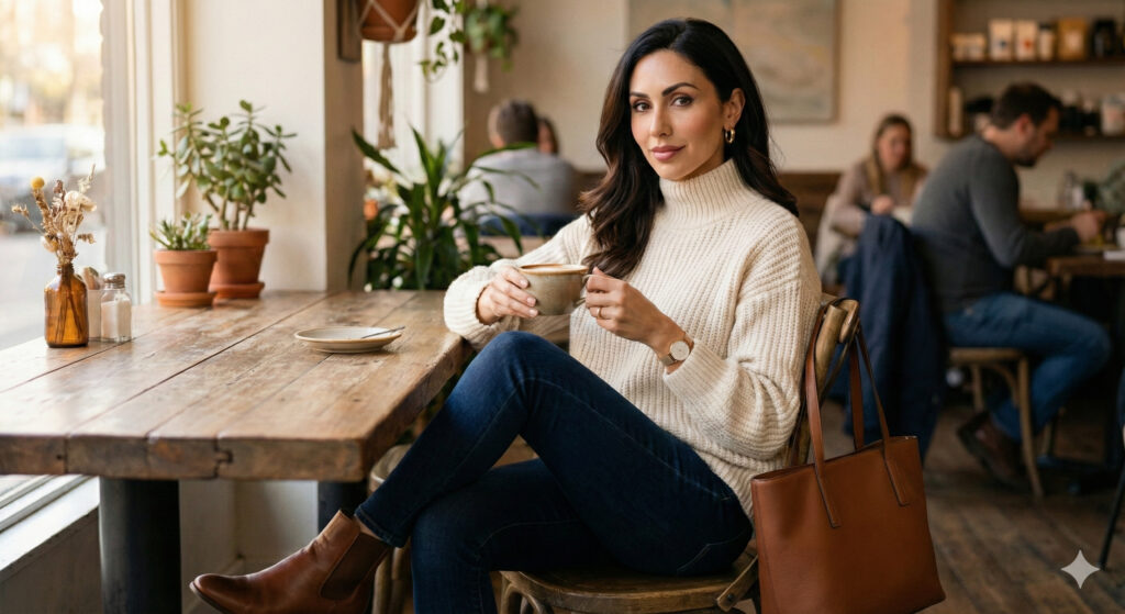 Create an elegant lifestyle portrait of a woman seated in a stylish café drinking coffee. Keep her face unchanged. She wears a cream high-collar sweater, dark jeans, leather boots, gold hoops, minimalist watch and carries a leather handbag. Background: soft café interior blur with warm natural lighting.