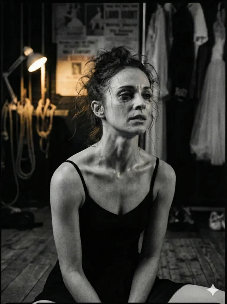 Create a raw and candid portrait of a ballet dancer resting backstage. She is sitting on the floor, breathing heavily, with a sheen of sweat on her collarbones and forehead. Her makeup is slightly smudged, and wisps of hair are escaping her bun. The lighting should be moody and directional, highlighting the muscle definition in her neck and the exhaustion mixed with satisfaction in her eyes. Use aspect ratio 3:4.