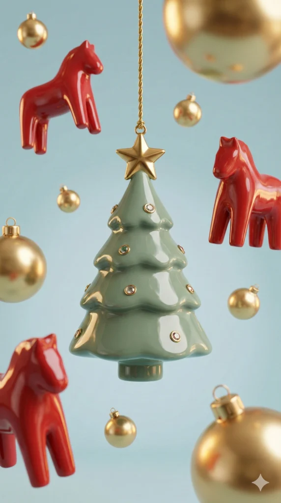 19 Gemini Nano Banana Pro Prompts for Christmas Glossy ceramic Christmas tree ornament with gold star topper, hanging from gold string, sage green color with small jeweled decorations, surrounded by floating red horse figurines and gold baubles, soft blue background, 3D render style, shallow depth of field, festive holiday aesthetic, studio lighting. Use aspect ratio 9:16