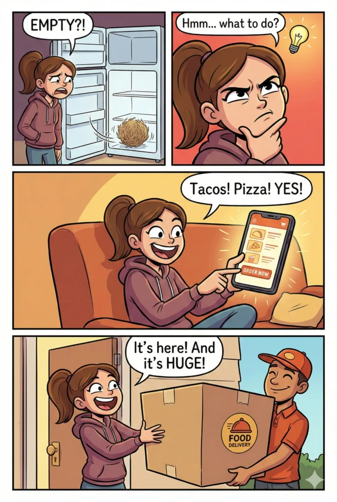 10 Use Cases of Gemini Nano Banana Pro You Should Know Create a four panel comics in vertical aspect ratio. In the first panel, show a girl opening her fridge and finding it completely empty. In the second panel, show her thinking deeply with a dramatic expression. In the third panel, show her ordering food on her phone with excitement. In the fourth panel, show her happily receiving an oversized delivery box at the door.
