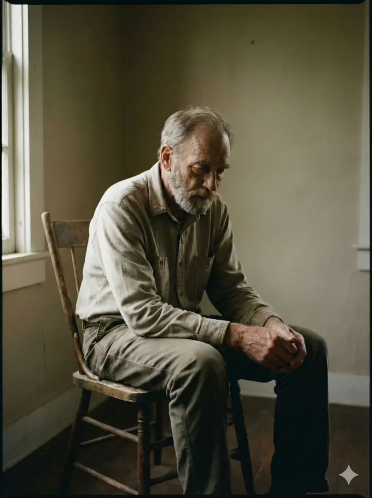 Create a soulful image of a man sitting quietly on a wooden chair, hands loosely clasped, slightly slouched posture suggesting deep thought, soft side lighting creating gentle shadows on his face, neutral background, calm muted colors, realistic photography style, emotional stillness captured beautifully. Use aspect ratio 3:4.
