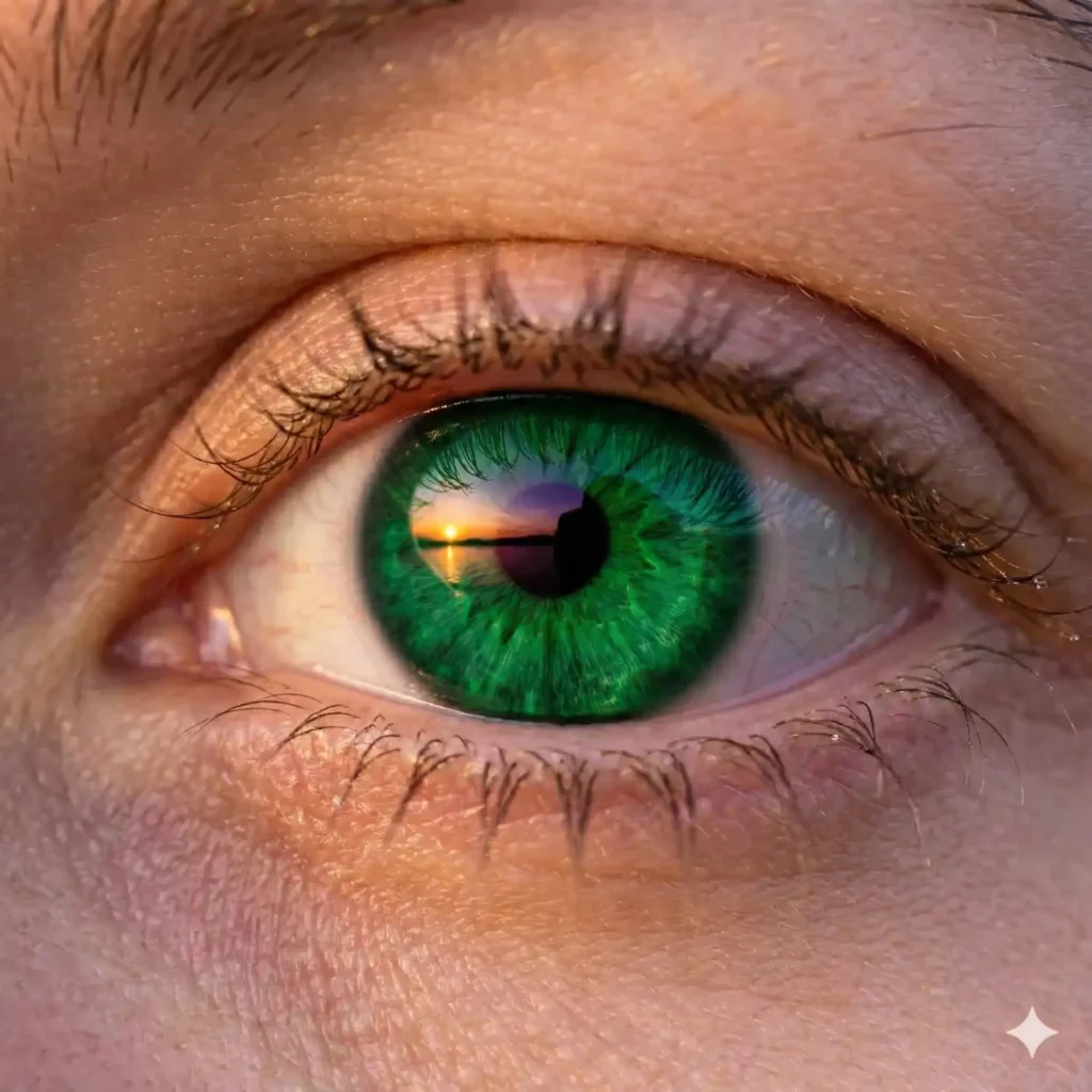 Create a hyper-realistic extreme close up of a human eye with a piercing emerald green iris. Capture the reflection of a warm sunset in the pupil, the intricate texture of the skin around the eye, and individual eyelashes. The lighting should be soft and golden, emphasizing the depth and moisture of the eye, macro photography style. Aspect Ratio 1:1.