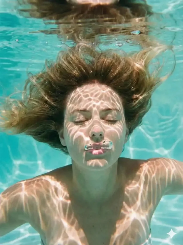 Create an underwater portrait of a woman floating just beneath the surface. Her hair is fanned out in a weightless halo around her head. Sunlight is refracting through the water surface, creating dancing web-like patterns of light on her face. Her eyes are closed, and bubbles are escaping her lips. The mood should be one of complete silence and peace. Use aspect ratio 3:4.