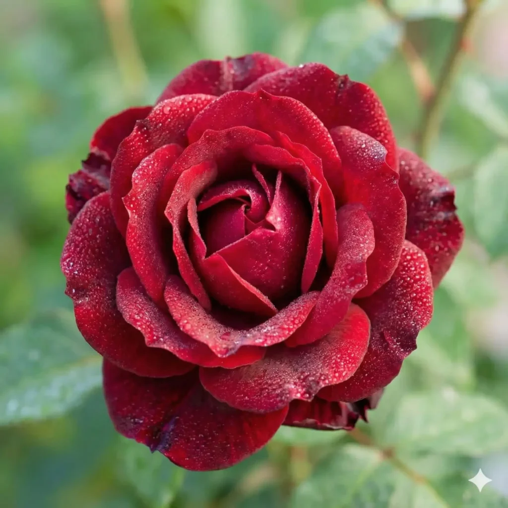 Create a close up macro photo of a blooming rose with velvety petals, delicate dew drops, and vibrant color tones. Use soft natural lighting with a gentle green background. Use aspect ratio 1:1.