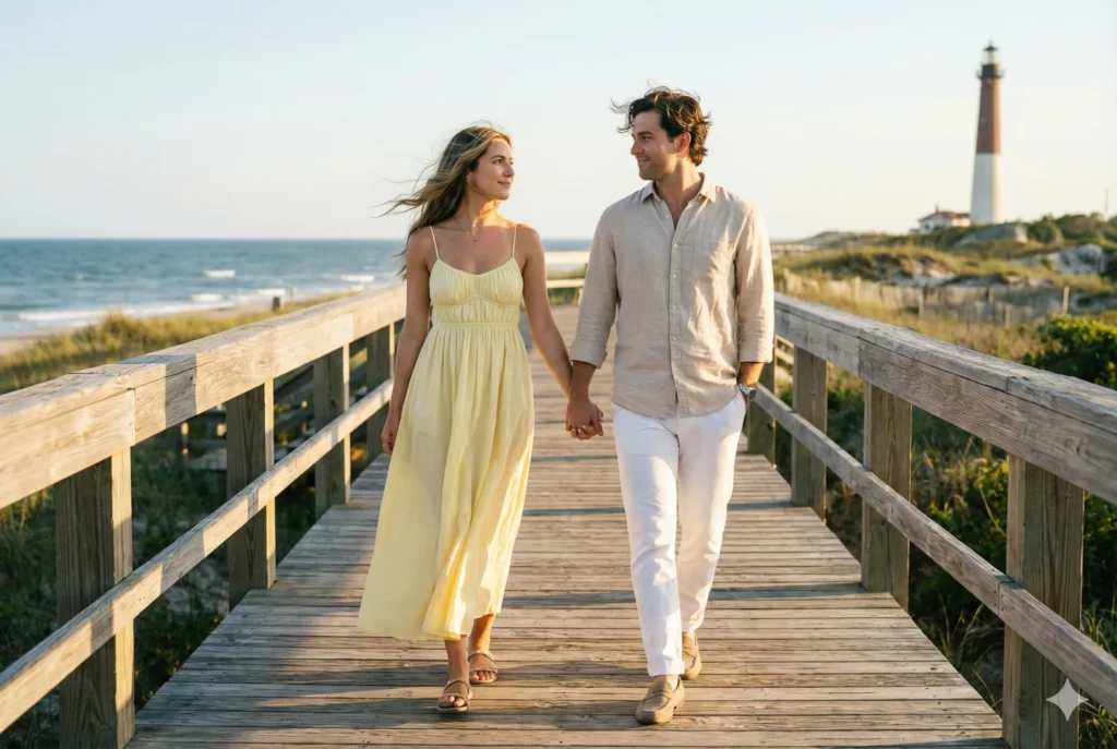 11 Gemini Nano Banana Pro Prompts for Portrait Ideas for Perfect HD Shots Prompt: Generate a 4K ultra-HD portrait of a stylish american couple walking along a sunlit seaside boardwalk. The girl wears a pastel yellow flowy dress, and the boy wears a beige linen shirt with white pants. Capture natural hand-in-hand pose, soft smiles, and hair gently blowing. Highlight outfit colors, and crisp sunset light. Ensure a trendy, romantic, and photogenic summer-ready couple look.