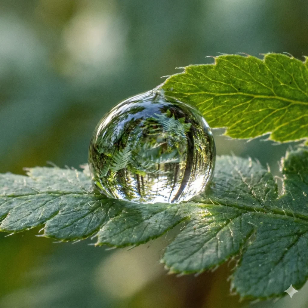 Create a macro close up of a single dew drop resting on the edge of a green fern leaf. Inside the water droplet, show a refracted reflection of the surrounding forest. The lighting should be crisp and fresh, emphasizing the translucency of the water and the veins of the leaf. Aspect Ratio 1:1.