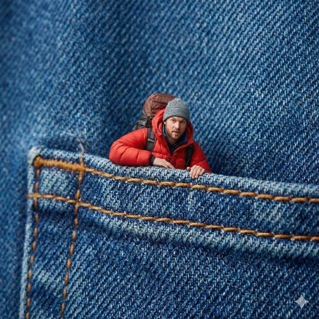 10 Gemini Nano Banana Pro Prompts for Fun Surreal Photos Create a cute miniature portrait of the person in the attached photo peeking out of the front pocket of a blue denim jacket. They are resting their arms on the stitching of the pocket. The texture of the denim is highly detailed and huge compared to the person. Studio lighting. Aspect ratio 1:1.