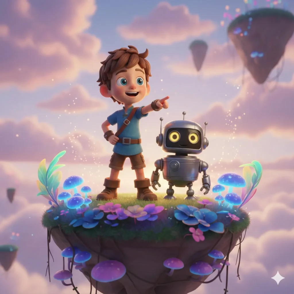 How to Create Beautiful 3D Cartoons Using Gemini Nano Banana Create a realistic 3D cartoon illustration of a little boy standing on a floating island with glowing plants and a small robot companion beside him. The style should look vibrant, smooth, and detailed with expressive characters and lifelike lighting. The environment should be a dreamy sky world with soft clouds and distant floating rocks. Use soft cinematic light, balanced shadows, and a shallow depth of field to add realism. Camera angle: low-angle shot showing the sky behind them. The scene should include glowing mushrooms and light particles floating in the air. Add fine surface textures like metallic reflections on the robot, soft skin details on the boy, and subtle mist in the air. Overall tone: magical and adventurous.