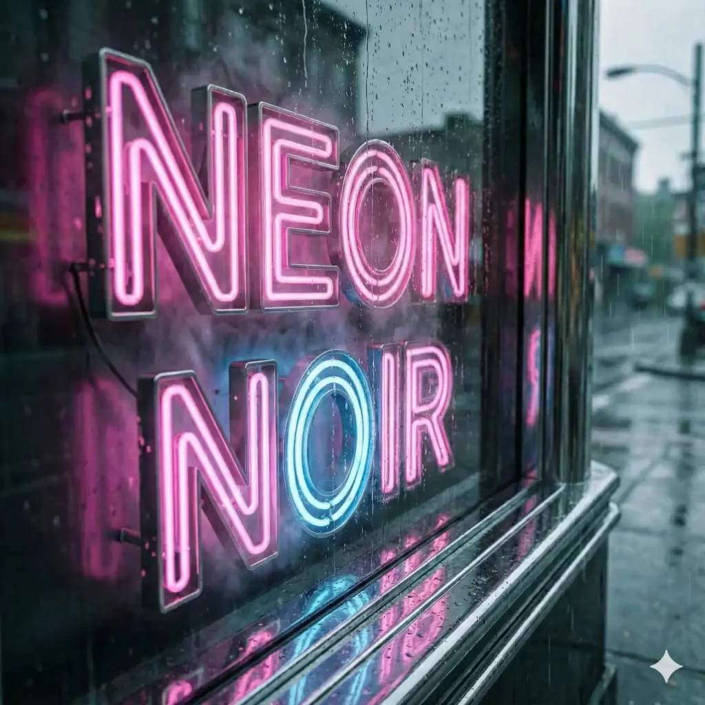 Create a close up shot of a glowing neon sign with reflective surfaces, showing crisp edges of each letter and slight haze from the neon light. Include rain droplets on surrounding glass for atmosphere. Use aspect ratio 1:1.