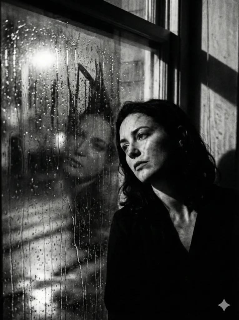 Create a moody black and white photograph of a woman sitting by a rainy window, her reflection faintly visible in the glass. Raindrops are streaming down the pane, casting intricate shadows across her face. She is looking away from the camera with a gaze of quiet contemplation and longing. Use high contrast lighting to emphasize the the mood of the scene, simulating the grain of classic 35mm film photography. Use aspect ratio 3:4.