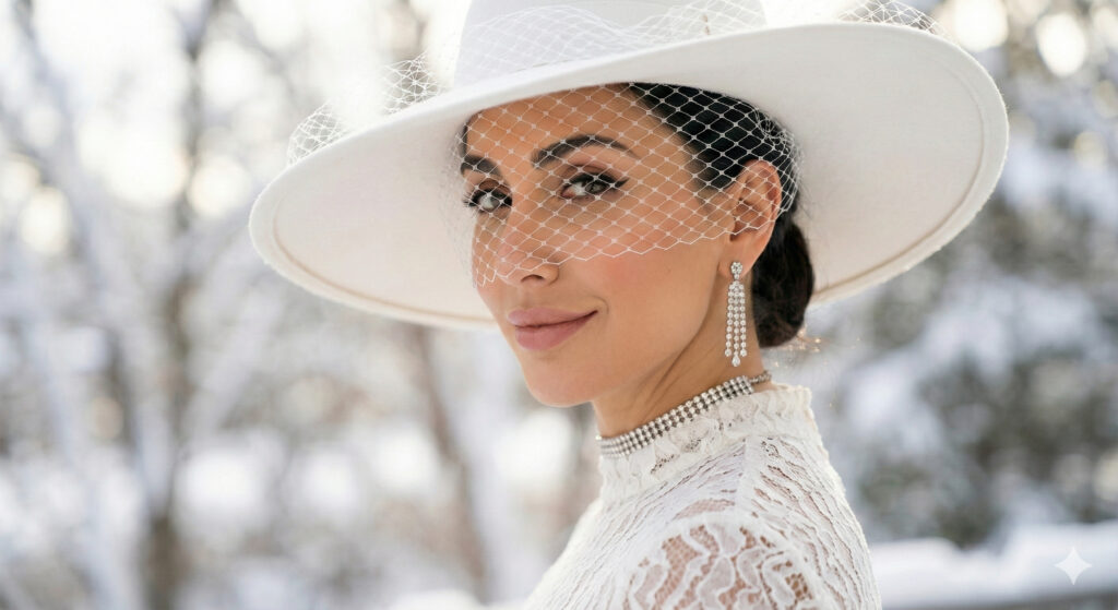 Create a close-up fashion portrait of a woman in an elegant white hat with a veil, wearing a high-neck textured white top, multi-strand diamond choker and long drop earrings. Preserve her facial identity exactly. Background: soft, bright, slightly snowy blur. Use delicate, cinematic beauty lighting.12 Hunyuan Image 3.0 AI Photo Editing Prompts for Girls to Create High-Fashion Ultra-Realistic Portraits
