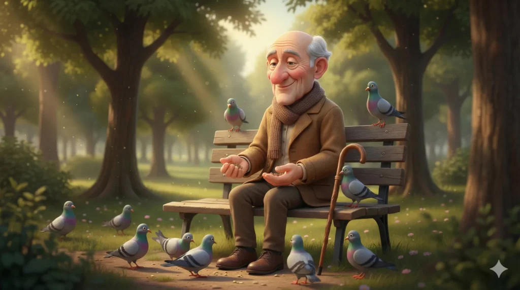 How to Create Beautiful 3D Cartoons Using Gemini Nano Banana Create a realistic 3D cartoon illustration of an elderly man sitting on a park bench feeding pigeons. The style should look vibrant, smooth, and detailed with expressive characters and lifelike lighting. The environment should be a peaceful park with tall trees and sunlight filtering through leaves. Use soft cinematic light, balanced shadows, and a shallow depth of field to add realism. Camera angle: medium shot. The scene should include pigeons pecking near his shoes and a walking stick beside him. Add fine surface textures like wrinkles on his skin, fabric texture on his coat, and soft sunlight glow. Overall tone: calm and heartwarming.