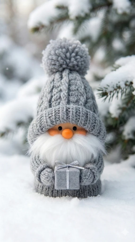 19 Gemini Nano Banana Pro Prompts for Christmas Adorable gnome figurine in snow, wearing grey cable knit sweater and matching tall grey knitted beanie hat with pompom, fluffy white beard, small black eyes, round orange nose, holding small grey wrapped gift box with silver ribbon, standing in fresh snow, blurred snowy pine tree branches in background, soft winter light, shallow depth of field, miniature photography style, cozy scandinavian aesthetic, Use aspect ratio 9:16