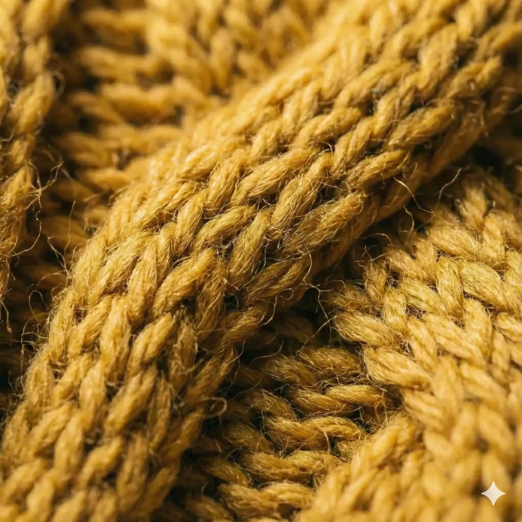 Create a tactile close up of a chunky knit wool sweater in a mustard yellow color. Focus on the individual fibers and the weaving pattern. The lighting should be side-lit to create micro-shadows that emphasize the depth and softness of the yarn. Aspect Ratio 1:1.