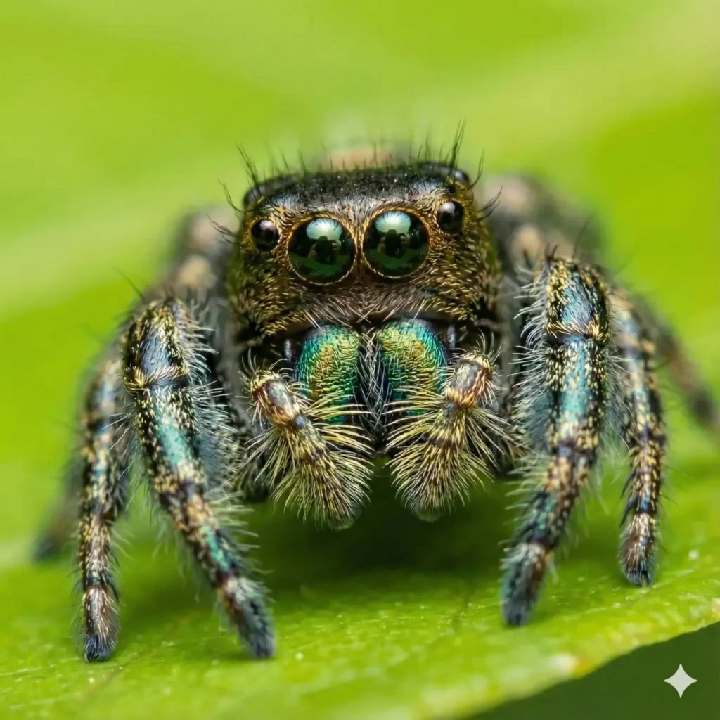 Create a macro close up of a cute jumping spider facing the camera. Focus on the large, glassy reflection in its front eyes and the iridescent fuzz on its pedipalps. The background should be a creamy, vibrant green bokeh of a leaf, making the spider look tiny but detailed. Aspect Ratio 1:1.